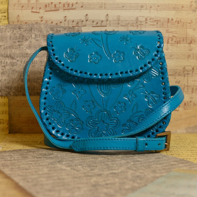 Camila Hand-Tooled Leather Crossbody Crossbodies Hide and Chic Turquoise  