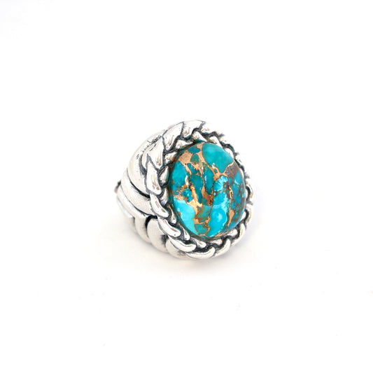 Large Oval Stone with Braided Bezel Ring Rings Dian Malouf 5 (Allow 6-8 weeks) Teal Turquoise Bronzite (as pictured) 