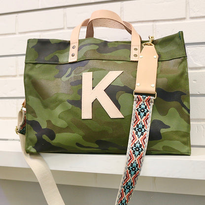 Large Camo Tote with Single Leather Initial Totes Helene Thomas K (Allow 4-6 Weeks to Ship)  