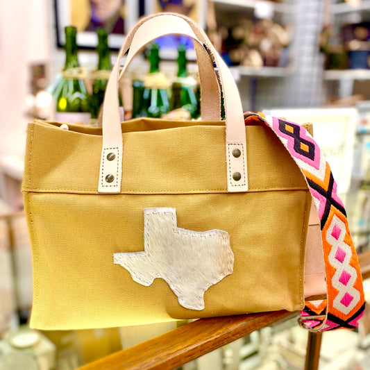 Small Cotton Canvas Tote with Cowhide Texas Totes Helene Thomas Camel Yellow Yes (Additional +$23) 