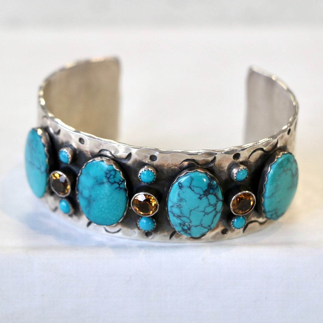 1” Stamped Sterling Cuff with Turquoise and Citrine Cuffs Richard Schmidt   