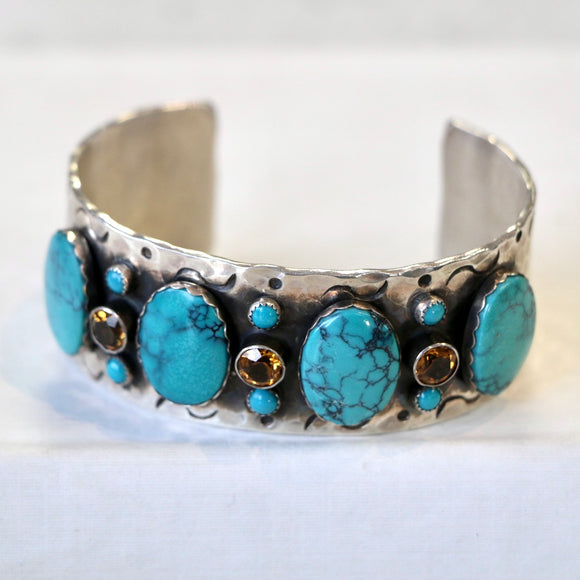 1” Stamped Sterling Cuff with Turquoise and Citrine