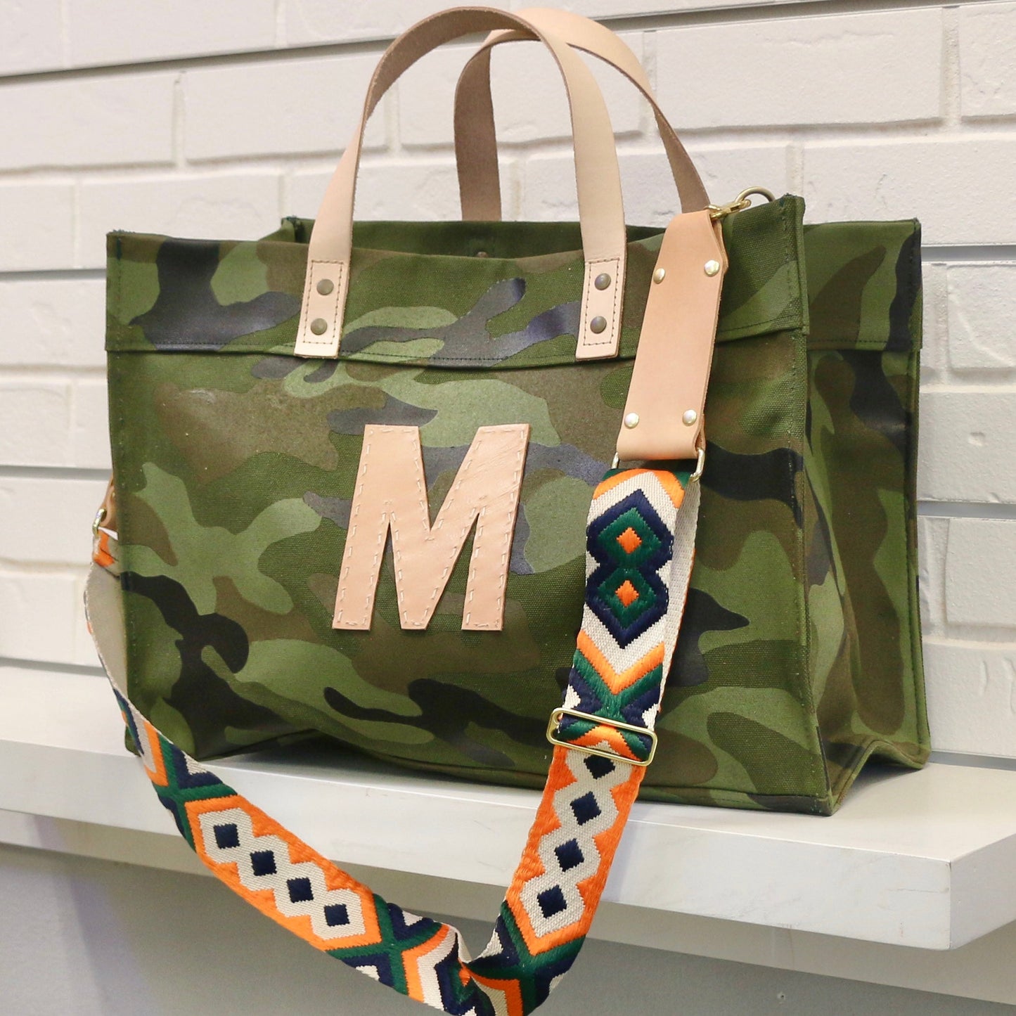 Large Camo Tote with Single Leather Initial Totes Helene Thomas M (Allow 4-6 Weeks to Ship)  