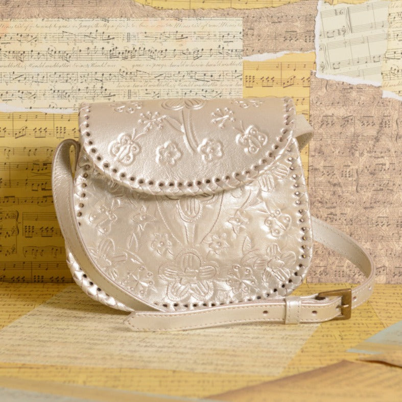Camila Hand-Tooled Leather Crossbody Crossbodies Hide and Chic Metallic Pearl  