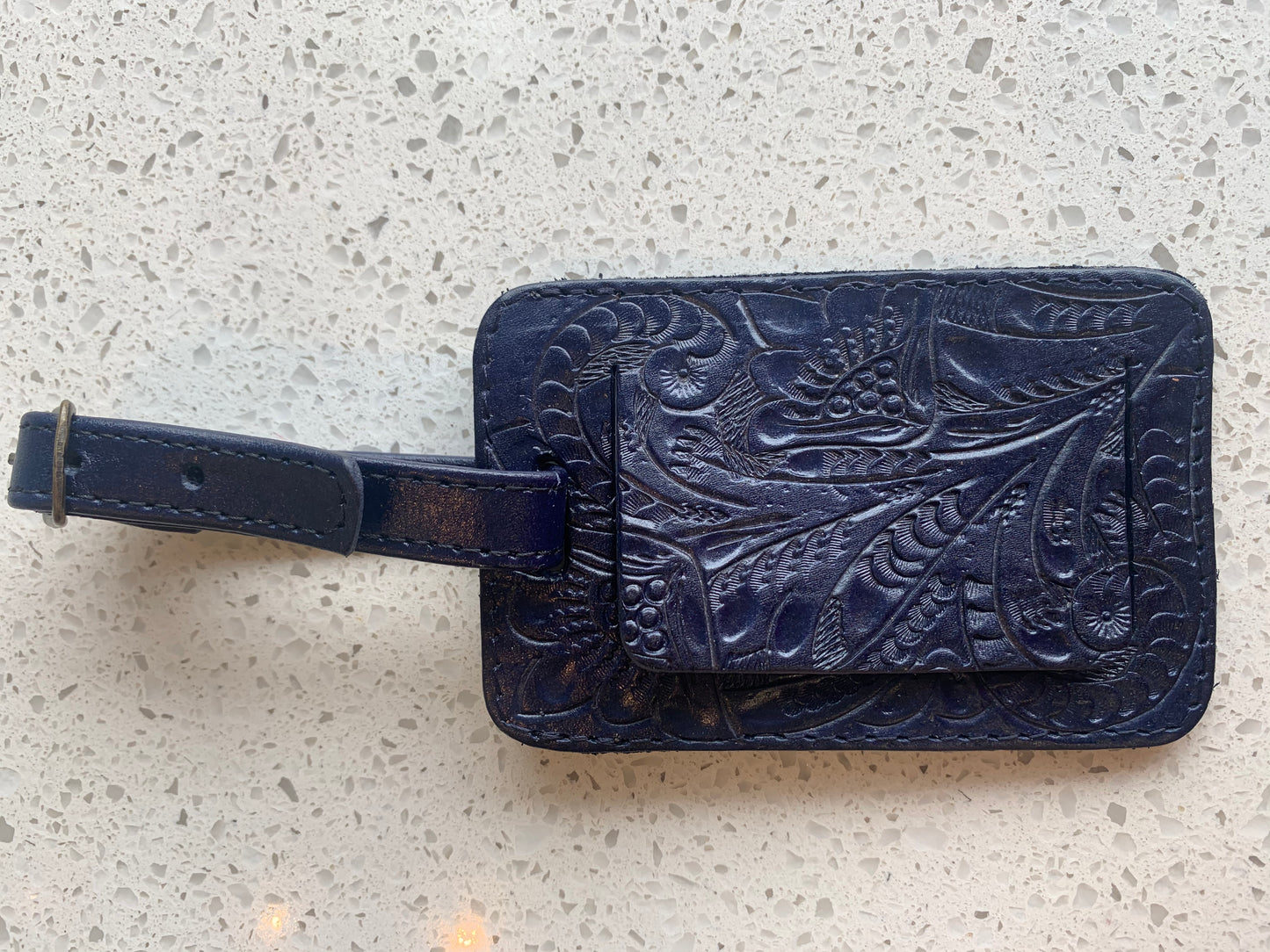 Hand-Tooled Leather Luggage Tag Luggage Tag Hide and Chic Navy  