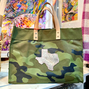 Large Printed Canvas Tote with Cowhide Texas
