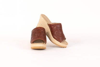 Hand-Tooled Leather 3" Espadrille Wedge Shoes Heels Hide and Chic Camel  