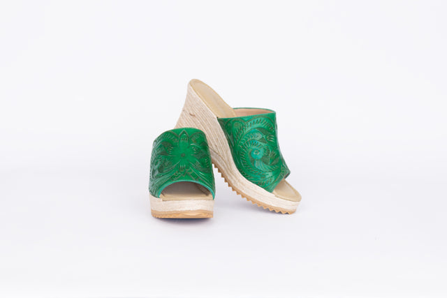 Hand-Tooled Leather 3" Espadrille Wedge Shoes Heels Hide and Chic Green  