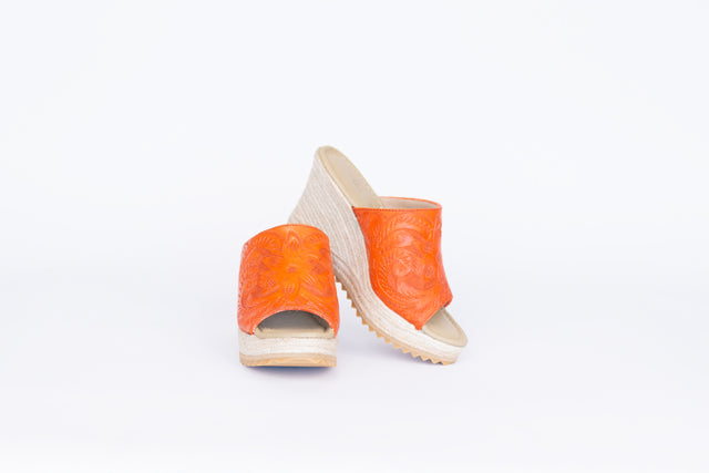 Hand-Tooled Leather 3" Espadrille Wedge Shoes Heels Hide and Chic Orange  