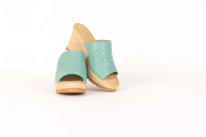 Hand-Tooled Leather 3" Espadrille Wedge Shoes Heels Hide and Chic Aqua  
