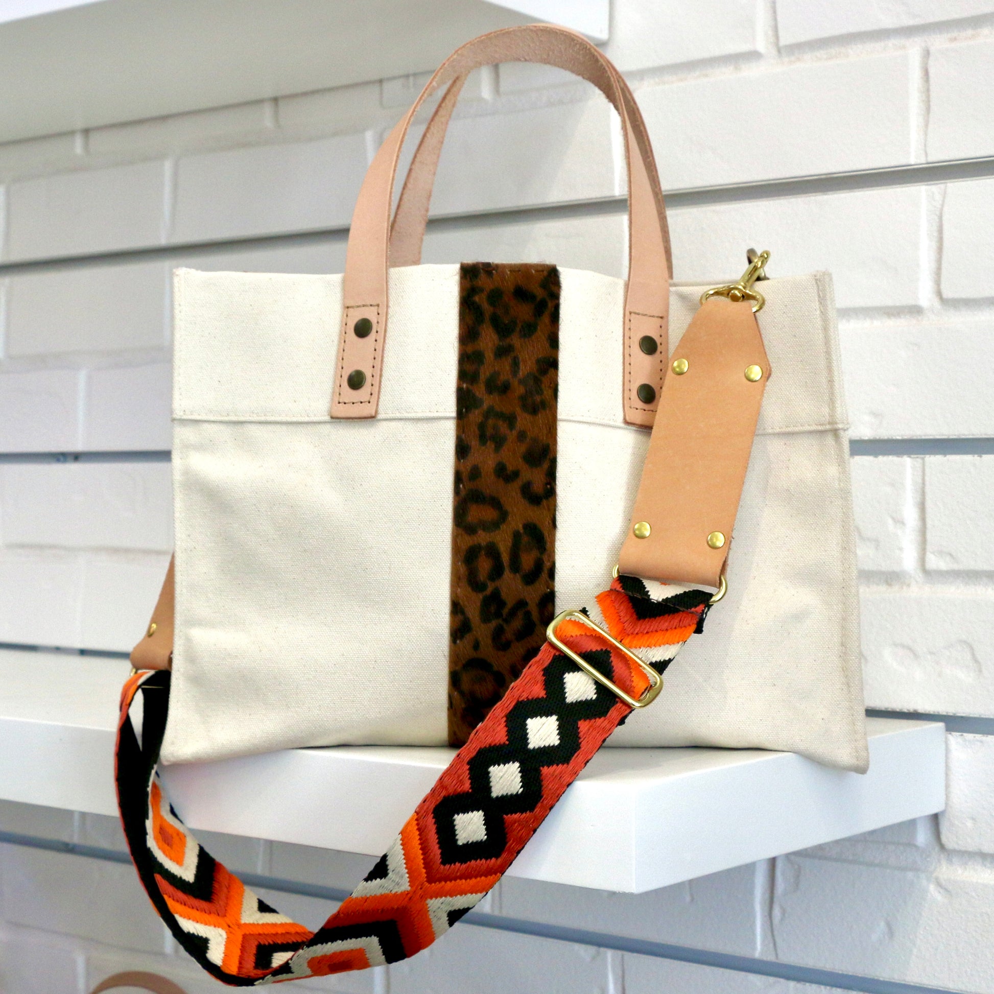 Small Cotton Canvas Tote with Leopard Hide Stripe Totes Helene Thomas   