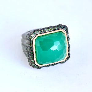 Green Onyx with Pave Tourmaline & Blue Grey Sapphire Statement Ring
