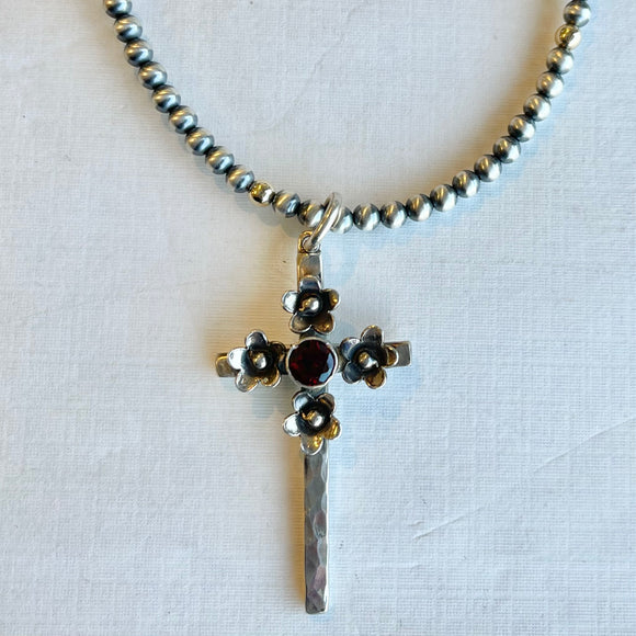 Cross Pendant with Garnet and Flowers