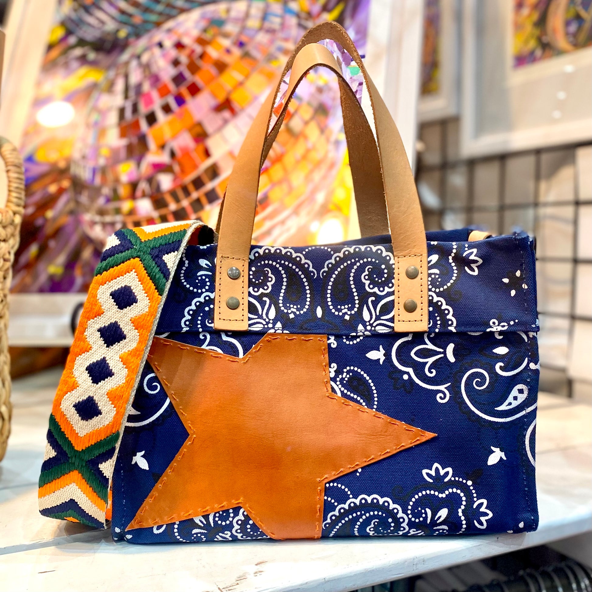 Small Printed Canvas Tote with Leather Star Totes Helene Thomas   