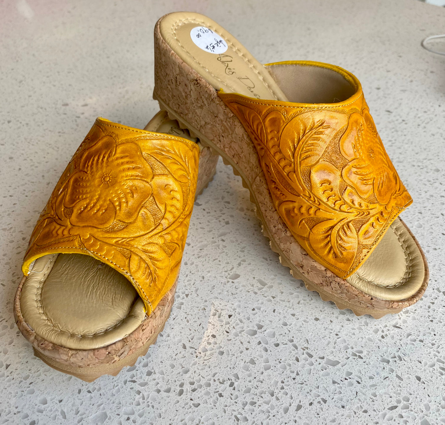 Hand-Tooled Leather 2” Cork Low Heel Heels Hide and Chic Yellow  