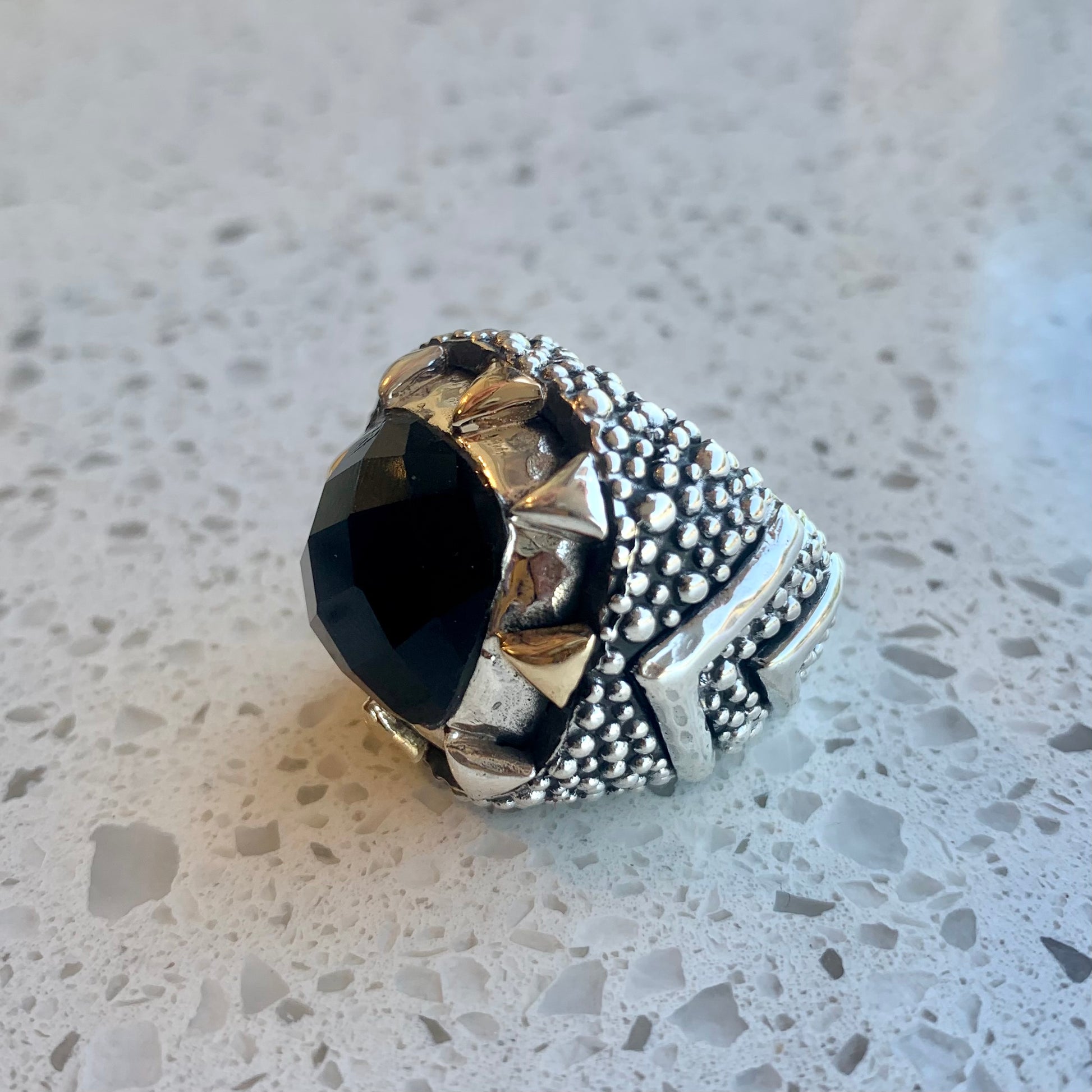 Faceted Onyx with Sterling and Gold Rings Dian Malouf   