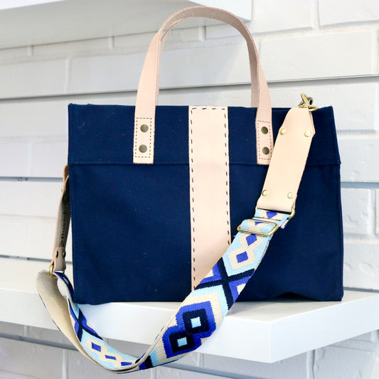 Small Cotton Canvas Tote with Leather Stripe Totes Helene Thomas Navy  