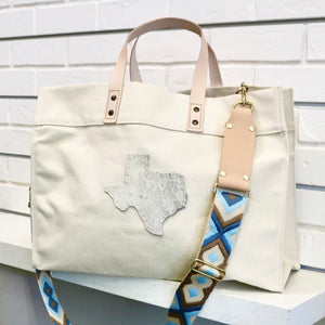 Large Cotton Canvas Tote with Cowhide Texas