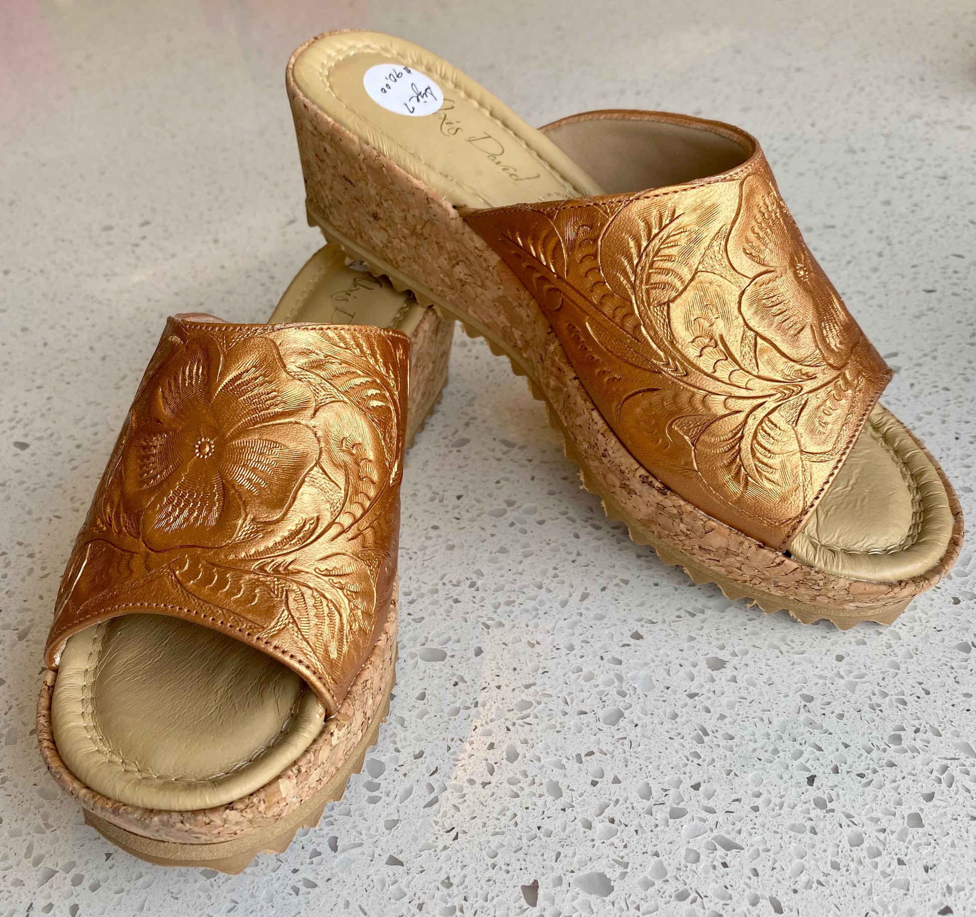 Hand-Tooled Leather 2” Cork Low Heel Heels Hide and Chic Metallic Rosegold  