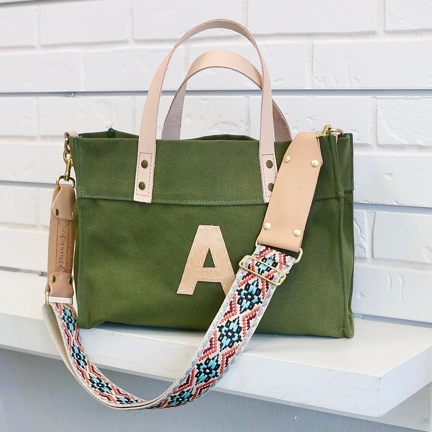 Small Olive Canvas Tote with Leather Initial Totes Helene Thomas   