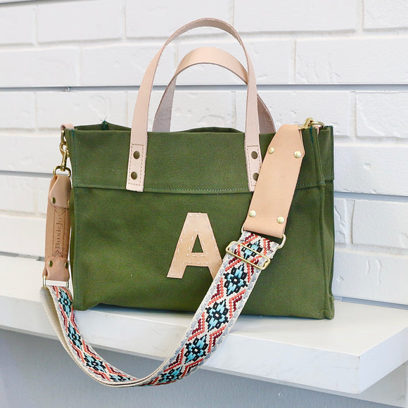 Small Olive Canvas Tote with Leather Initial