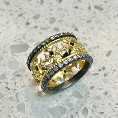 Yellow Gold and Blackened Open Maltese Cross Band Rings Armenta   