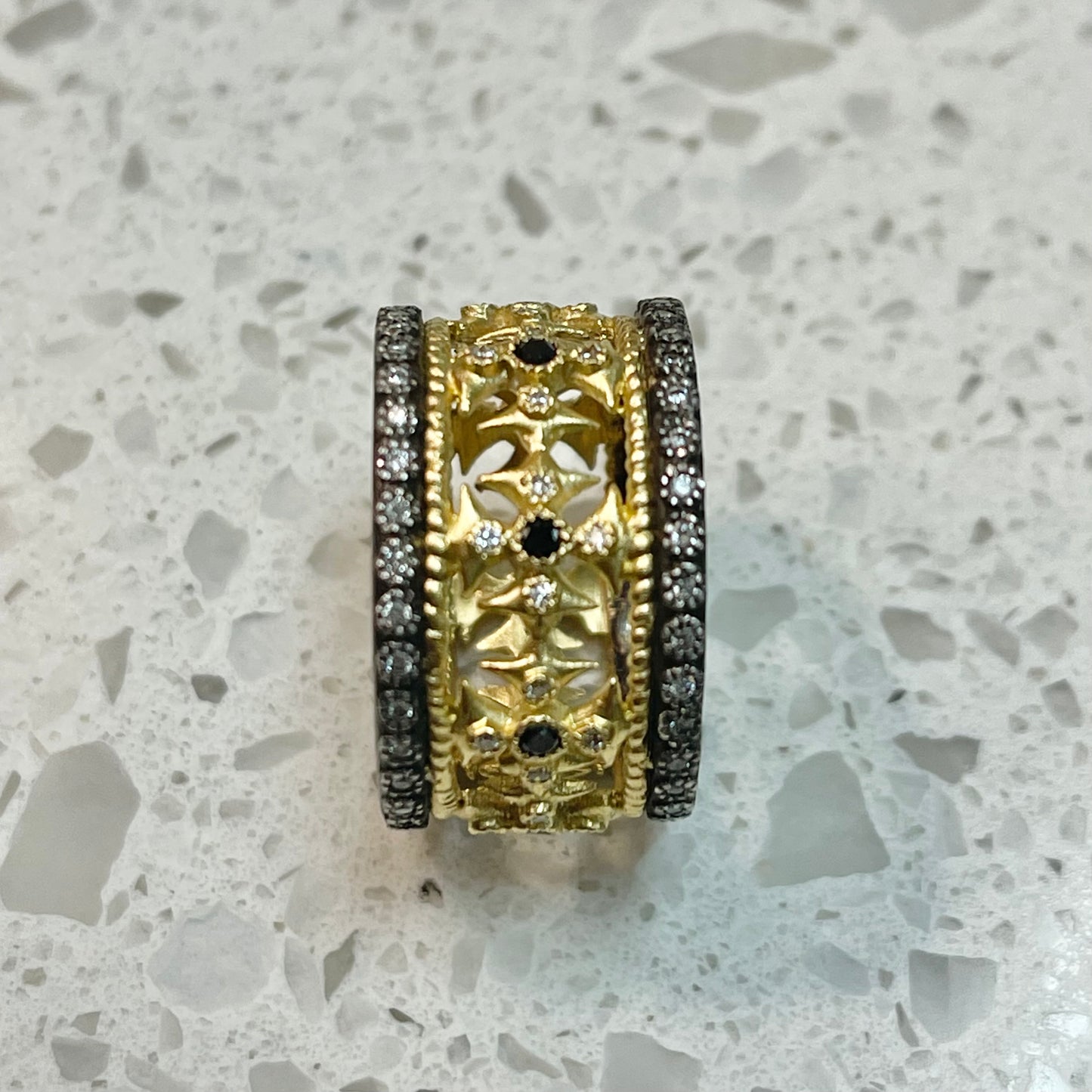 Yellow Gold and Blackened Open Maltese Cross Band Rings Armenta   