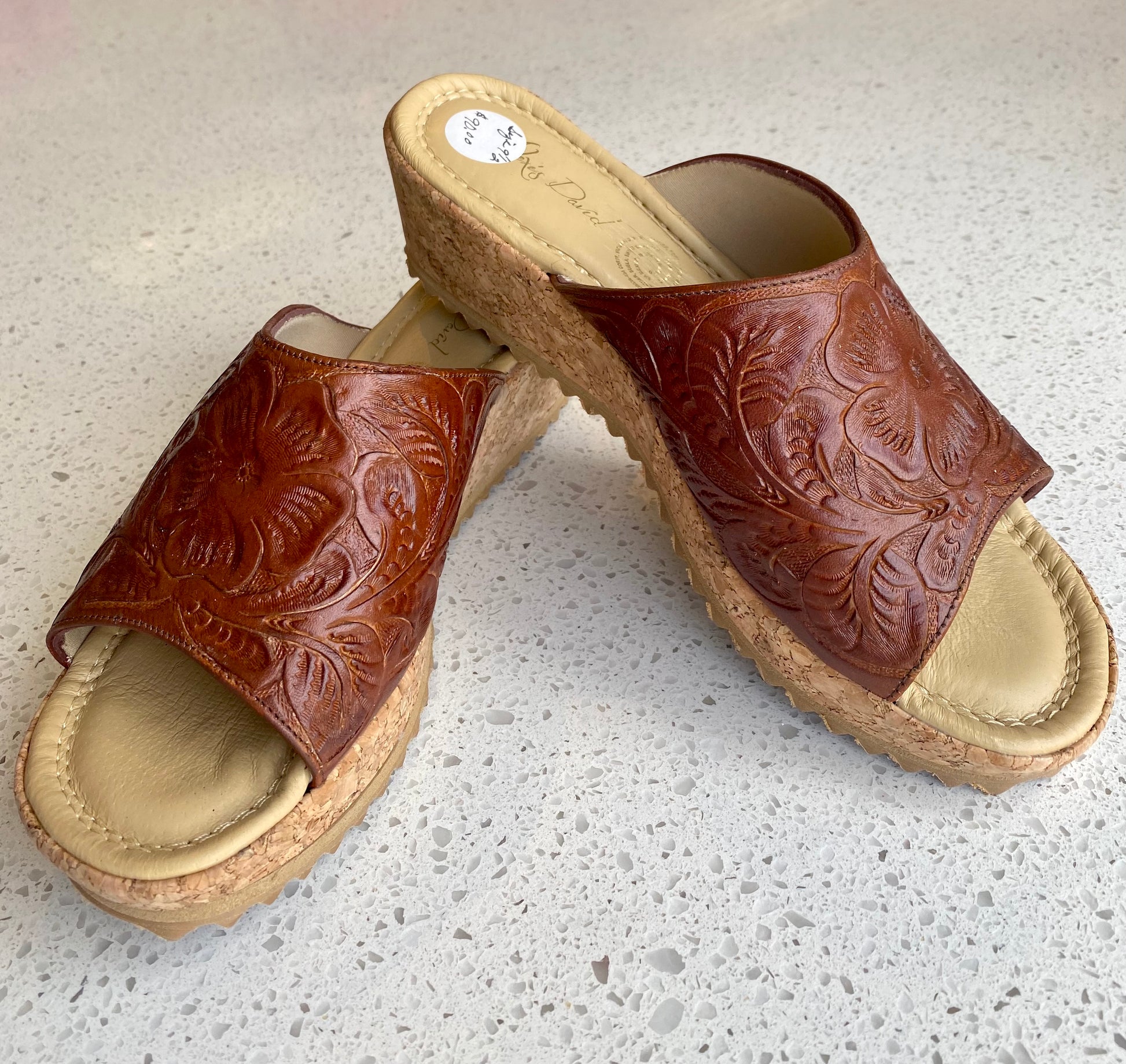 Hand-Tooled Leather 2” Cork Low Heel Heels Hide and Chic Camel  