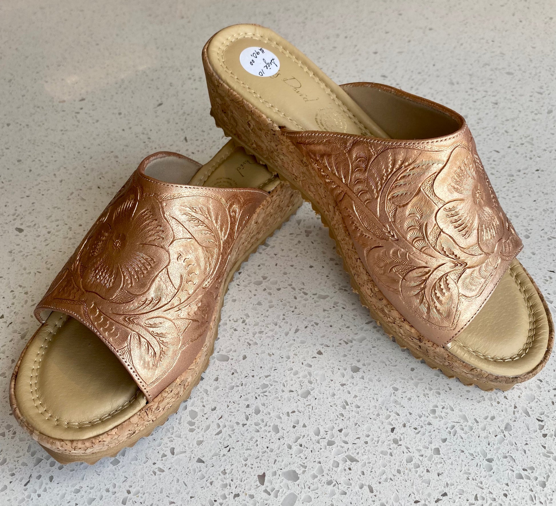 Hand-Tooled Leather 2” Cork Low Heel Heels Hide and Chic Metallic Bronze  