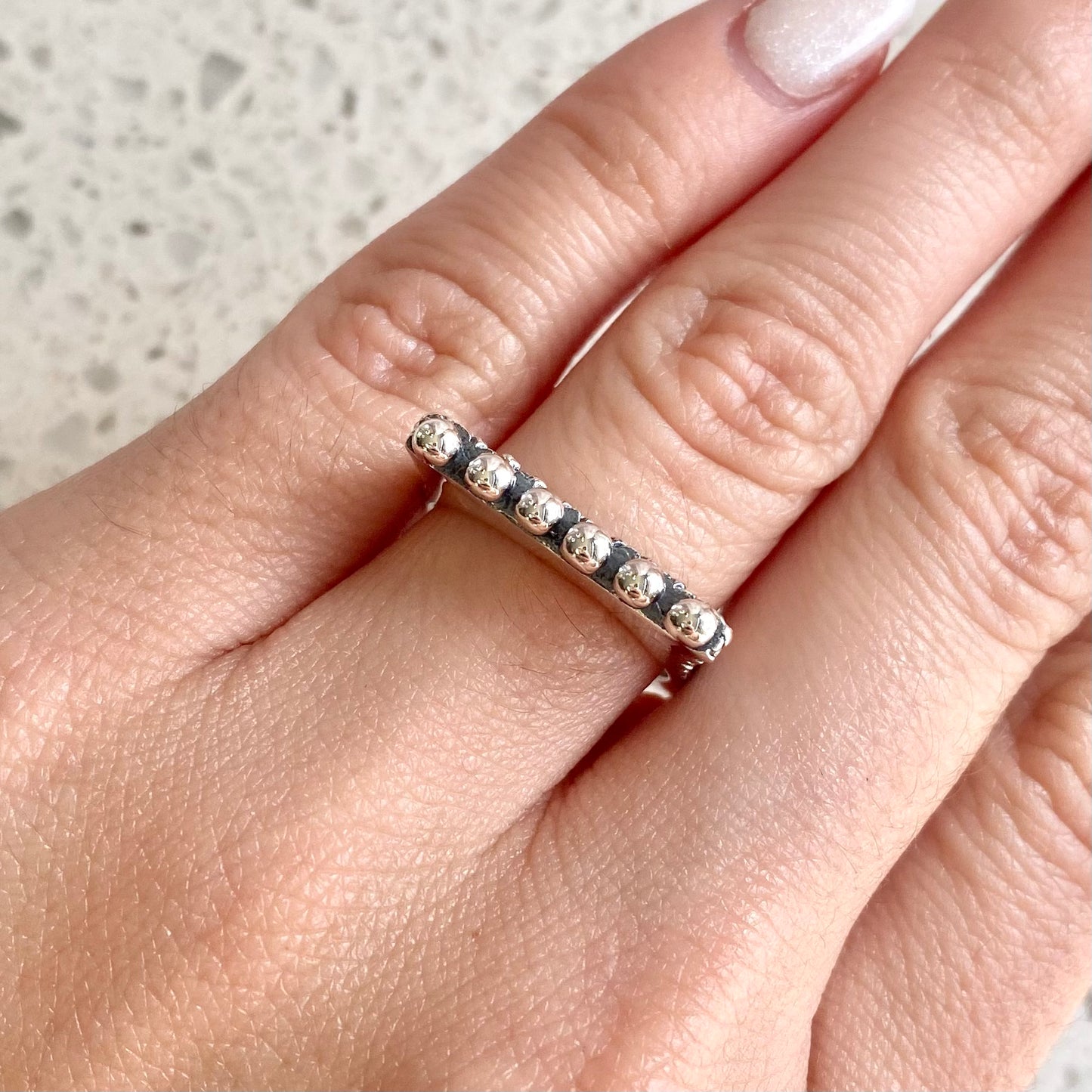 All Silver Beaded Thin Checkered Top Stack Ring Rings Dian Malouf   