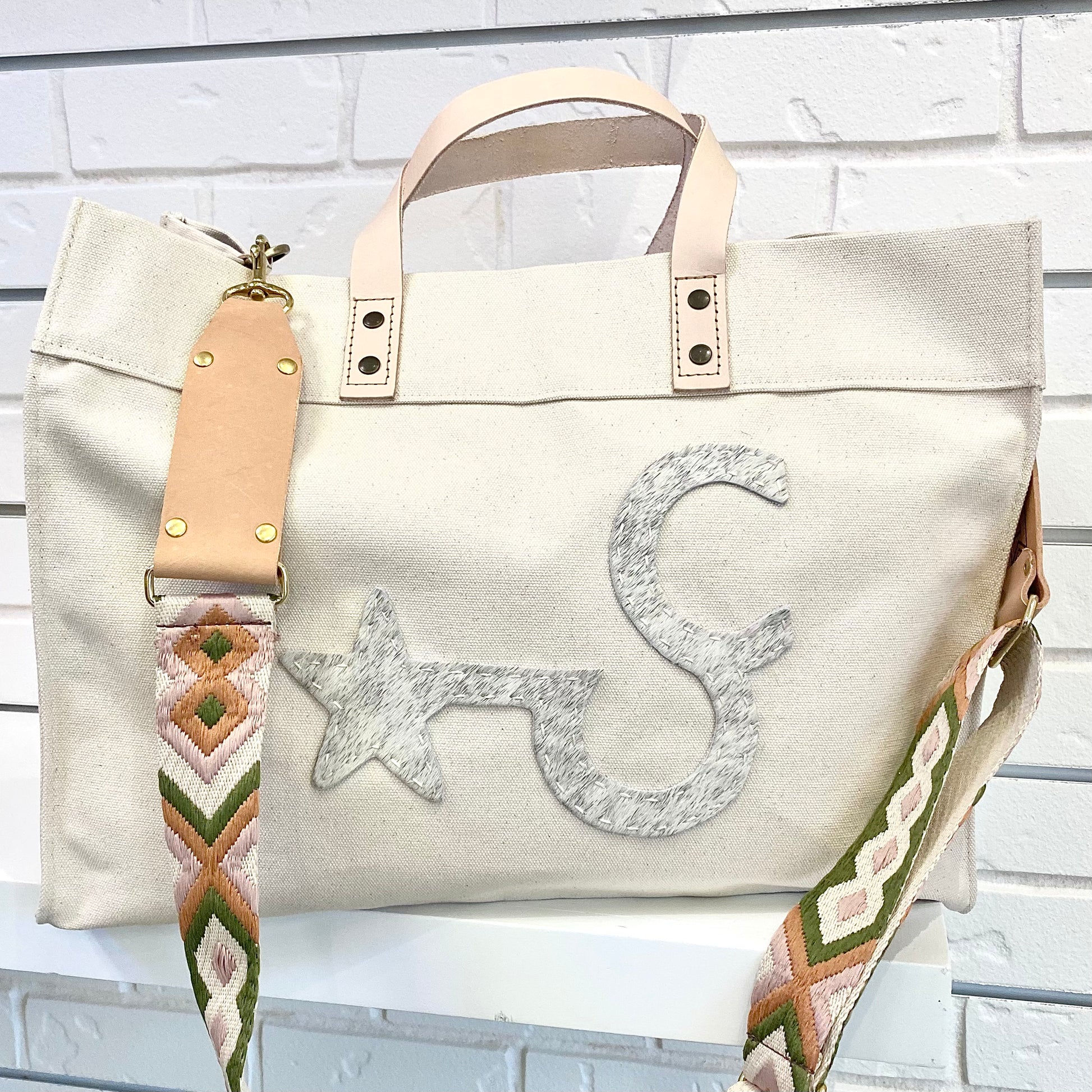 Large Cowhide Ranch Brand Cotton Canvas Tote Totes Helene Thomas Natural Yes (Additional +$26) 