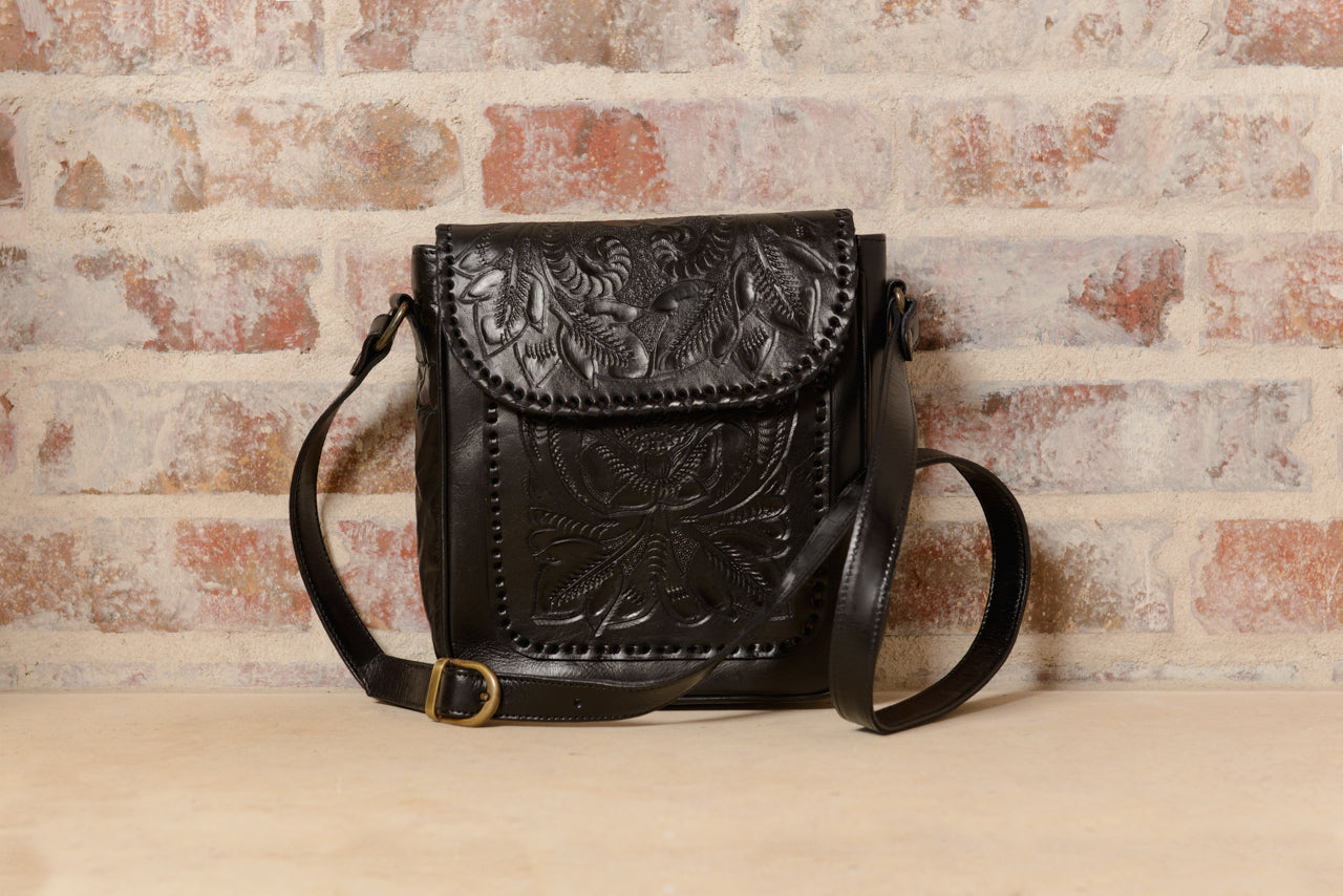 Consuela Hand-Tooled Leather Crossbody Crossbodies Hide and Chic Black  