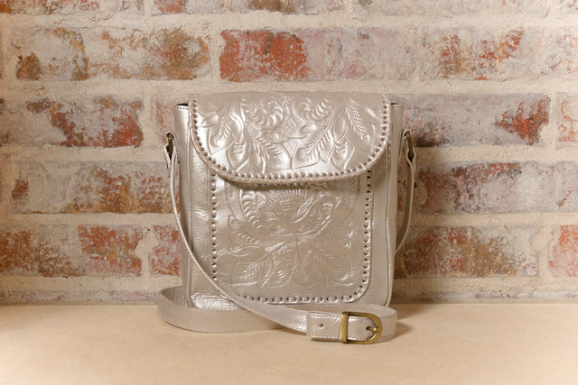 Consuela Hand-Tooled Leather Crossbody Crossbodies Hide and Chic Metallic Pearl  