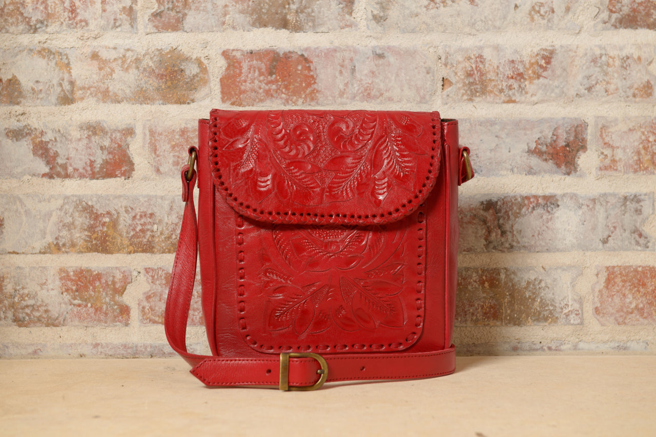 Consuela Hand-Tooled Leather Crossbody Crossbodies Hide and Chic Red  