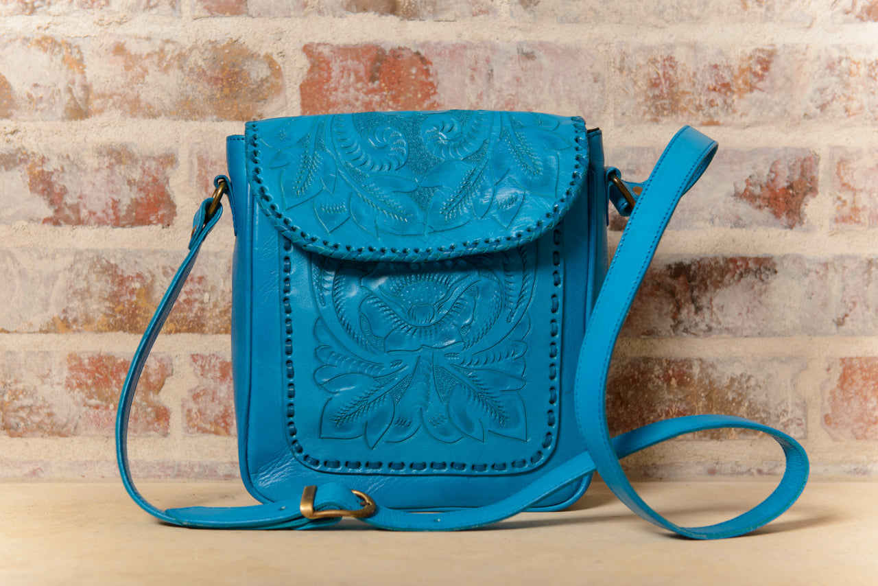 Consuela Hand-Tooled Leather Crossbody Crossbodies Hide and Chic Turquoise  