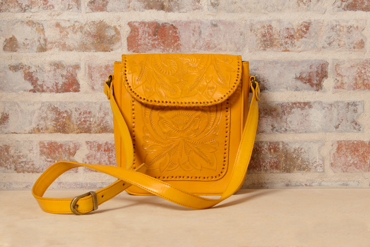 Consuela Hand-Tooled Leather Crossbody Crossbodies Hide and Chic Yellow  