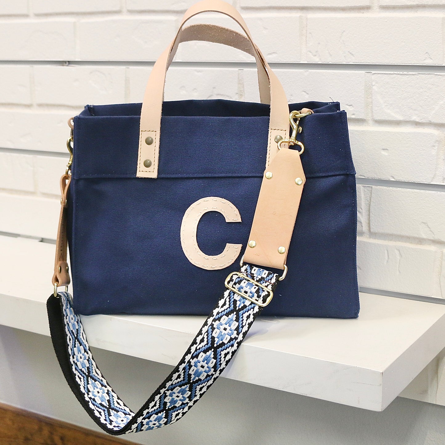 Small Navy Canvas Tote with Leather Initial Totes Helene Thomas   