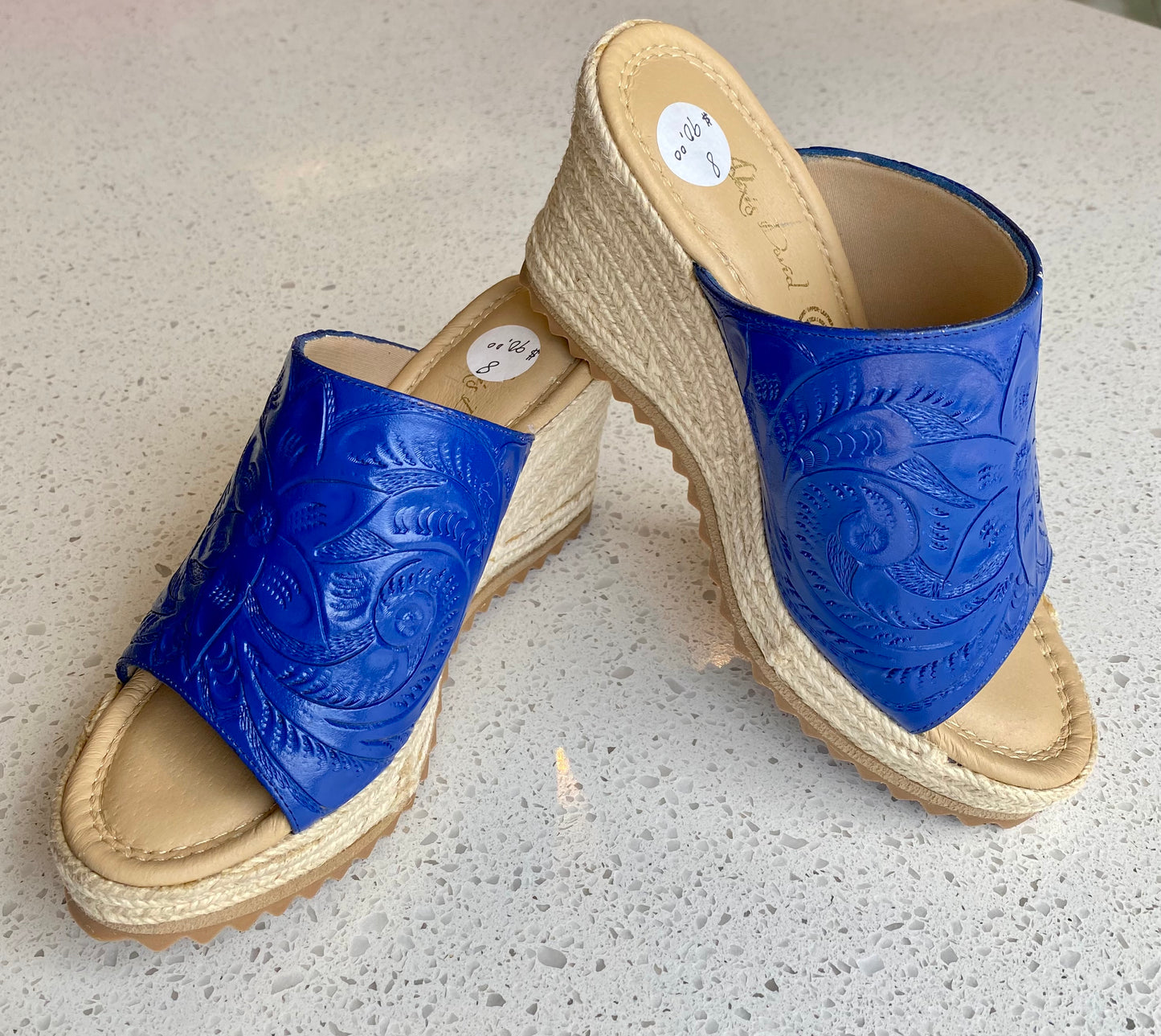Hand-Tooled Leather 3" Espadrille Wedge Shoes Heels Hide and Chic Blue  