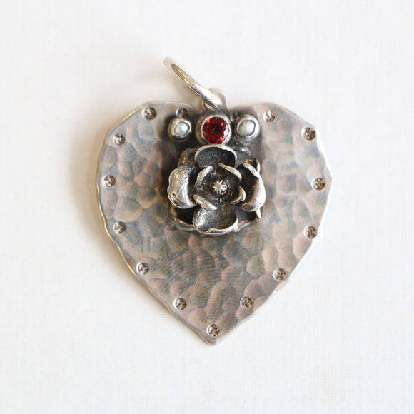 Heart Pendant with Flower, Garnet and Pearl