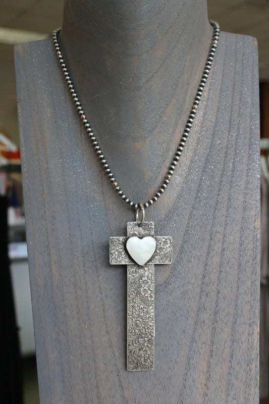 Engraved Cross Pendant with MOP Heart Pendants Richard Schmidt   