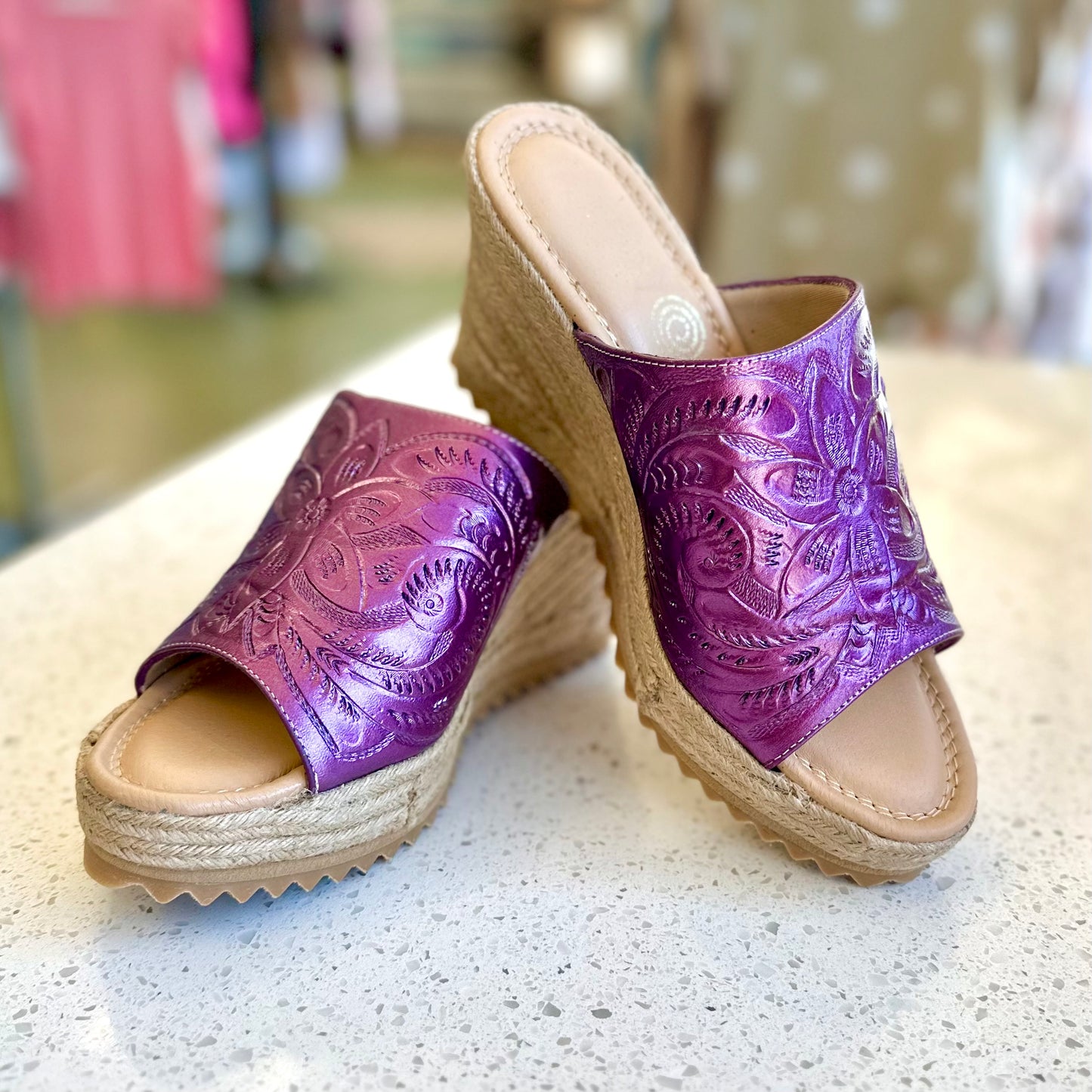 Hand-Tooled Leather 3" Espadrille Wedge Shoes Heels Hide and Chic Metallic Purple  
