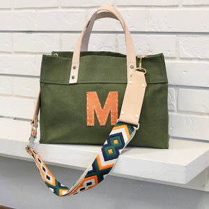 Small Olive Canvas Tote with Orange Leather Initial