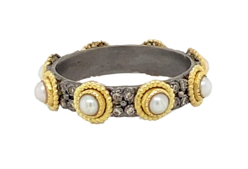 White Pearl Gold Stack Band Rings Armenta   