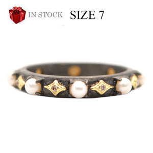 Pearl and Blackened Sterling Silver Crivelli Gold Stack Band Ring