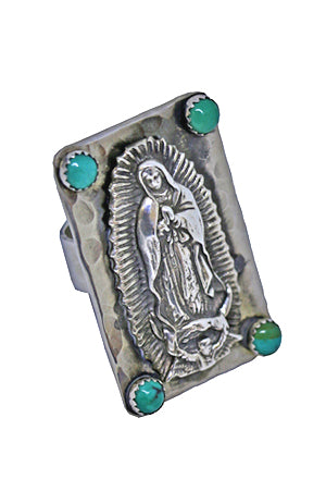 Rectangle Our Lady of Guadalupe Ring with Turquoise Stones Rings Richard Schmidt   