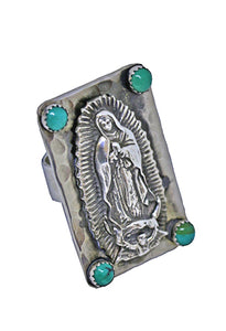 Rectangle Our Lady of Guadalupe Ring with Turquoise Stones