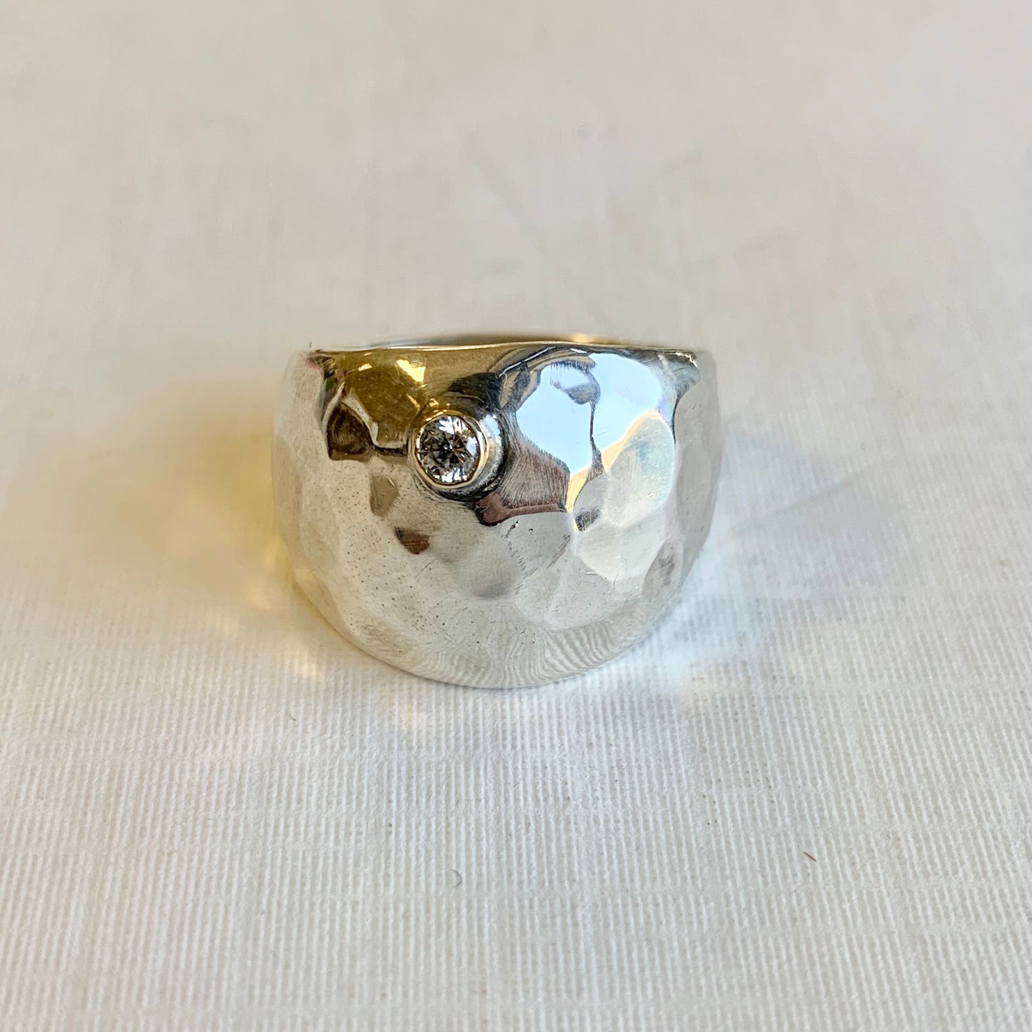 Hammered Cigar Band Ring with Diamond and Gold Bezel Rings Richard Schmidt   