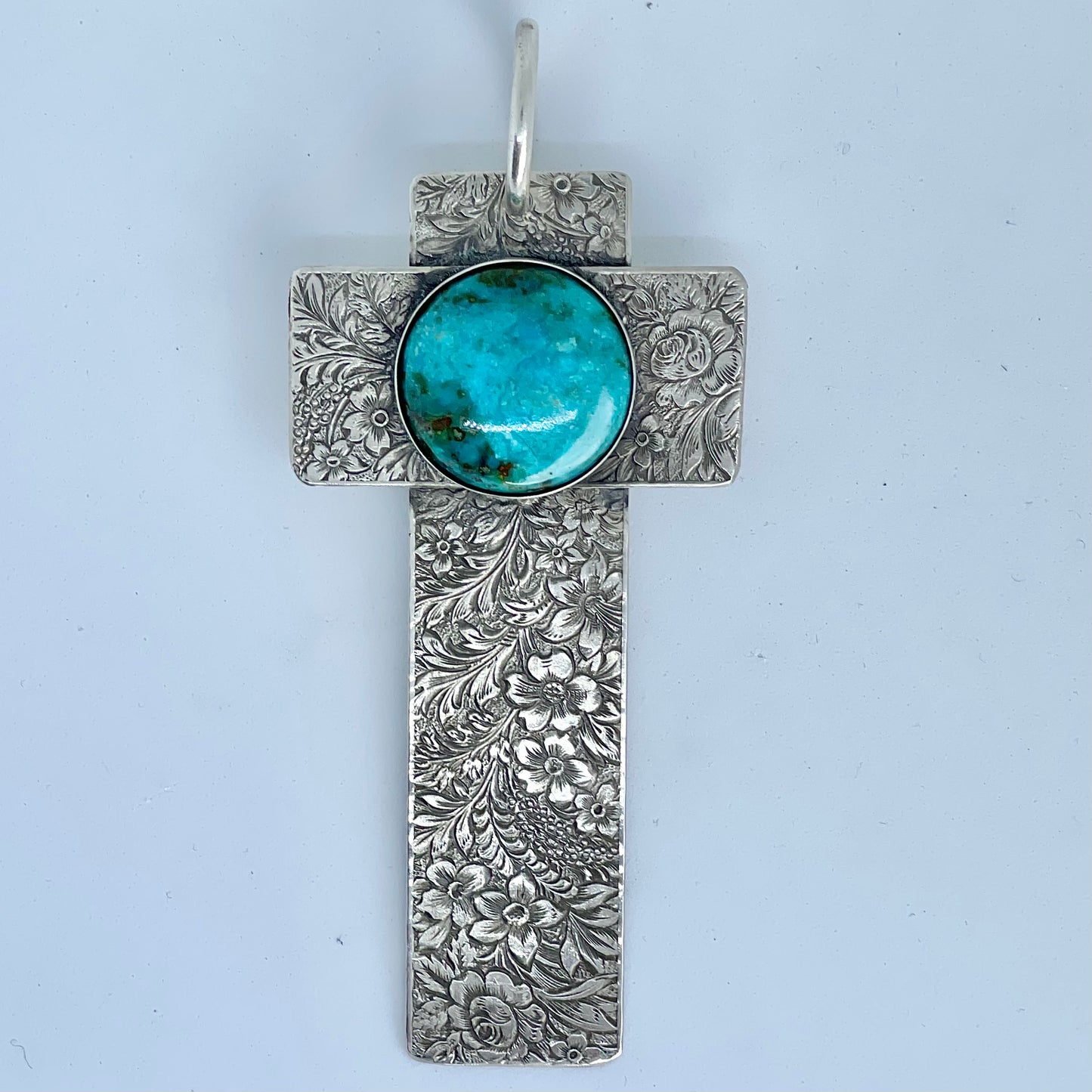 Engraved Sterling Silver Cross Pendant with Turquoise Pendants Richard Schmidt   