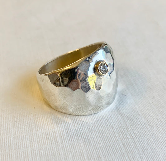 Hammered Cigar Band Ring with Diamond and Gold Bezel Rings Richard Schmidt   
