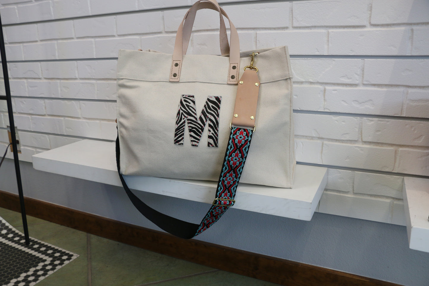 Large Natural Canvas Tote with Zebra Initial Totes Helene Thomas   
